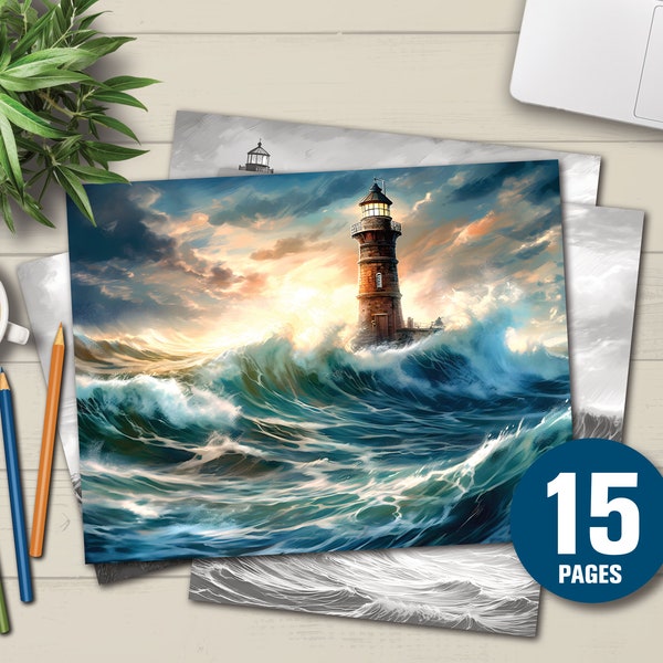 15 Stormy Lighthouses Coloring Book - Pages de coloriage pour enfants adultes, Téléchargement instantané, Pages de coloriage en niveaux de gris, Fichier PDF imprimable