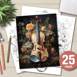 25 Flower Instruments Coloring Book - Adults Kids Coloring Pages, Instant Download, Grayscale Coloring Book, Printable PDF File