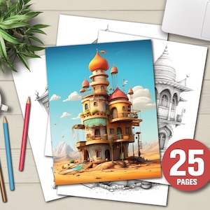 25 Little Indian Houses Coloring Book - Adults Kids Coloring Pages, Instant Download, Grayscale Coloring Book, Printable PDF File