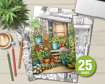 25 Bauern Garten Malbuch - Erwachsene Kinder Malseiten, sofortiger Download, Graustufen Malbuch, druckbare PDF-Datei