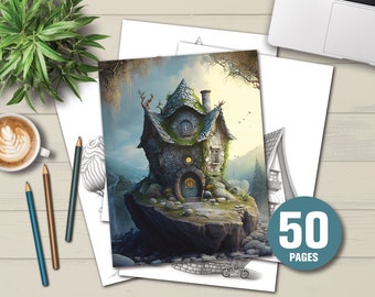 50 Steinfeenhäuser Malbuch - Erwachsene Kinder Malseiten, sofortiger Download, Graustufen Malbuch, druckbare PDF-Datei
