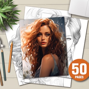 50 Beautiful Women Coloring Book - Adults Kids Coloring Pages, Instant Download, Grayscale Coloring Book, Printable PDF File