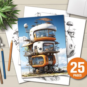 25 Little Futuristic Houses Coloring Book - Adults Kids Coloring Pages, Instant Download, Grayscale Coloring Book, Printable PDF File