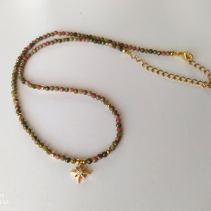 Natural stone choker necklace Unakite star pendant. Gold plated.