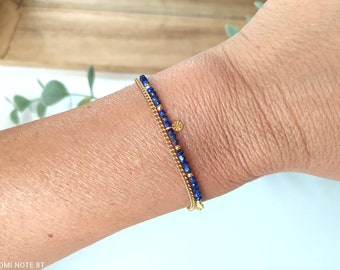 Double chain bracelet natural stone lapis lazuli sun pendant gold plated