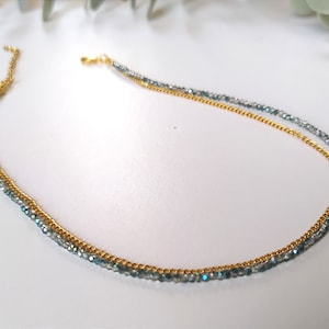 Multi row bracelet in gold stainless steel chain and silver green crystal beads
