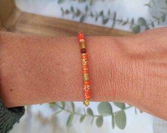 Bracelet heishi perles rondelles pierres semi précieuses naturelle jaspe orange et hématite plaqué OR