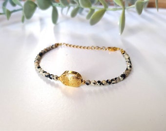 Gold-plated scarab and Dalmatian jasper natural stone bracelet
