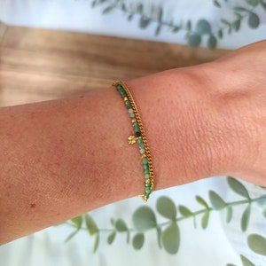 Double chain bracelet natural stone Jade sun pendant gold plated