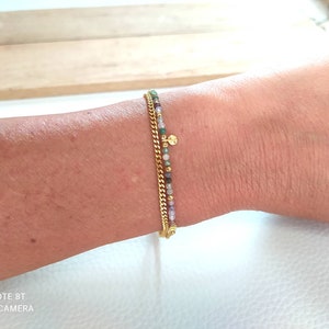 Double chain bracelet natural stone Indian agate gold-plated sun pendant