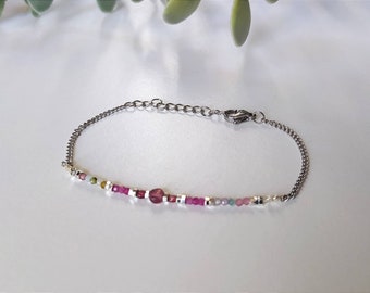 Bracelet pierres naturelles tourmaline melon et rose rubis  lithothérapie chaîne acier inoxydable argent