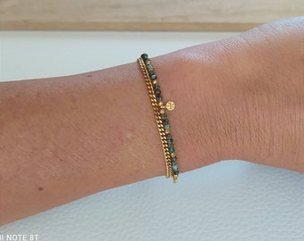 Double chain bracelet natural African turquoise stone gold plated sun pendant