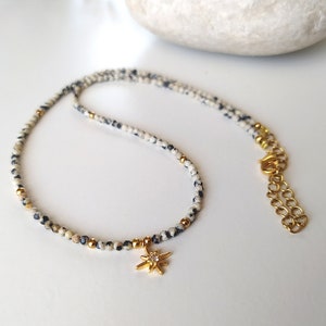 natural stone choker necklace Dalmatian Jasper star pendant. Gold plated.