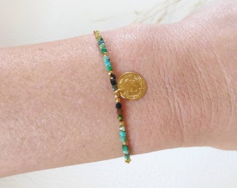 African Turquoise bracelet natural stone lithotherapy gold plated medal chains