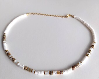White shell, aquaterra jasper, and mother-of-pearl choker necklace