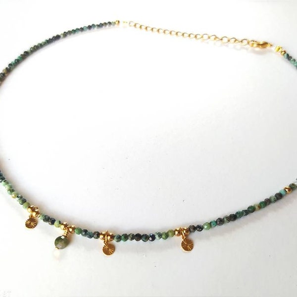 African turquoise choker necklace semi precious stone beads pendant gold plated charms