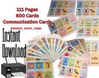 May include: A set of 111 pages of printable communication cards, featuring colorful illustrations and text. The cards are designed for use with children and adults with communication difficulties. The text on the cards includes "111 Pages", "600 Cards", "Communication Cards", "PRINT, CUT, USE", "Instant Download".