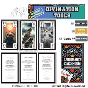 Peut inclure: Téléchargement numérique d'un jeu de cartomancie de 54 cartes, avec une mise en page de 6 cartes et des fichiers PDF et PNG imprimables. Le jeu comprend des cartes avec des images et du texte, comme "Ten of Spades" et "Queen of Spades".