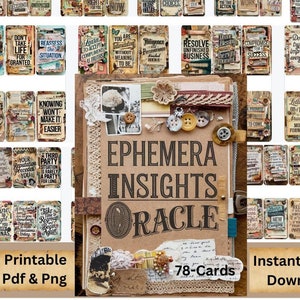 Tarot Companion 78 card Digital Ephemera Oracle, Junk Journal Deck, Oracle Card Set, Vintage Oracle, Printable Oracle, Digital Oracle, png and pdf file formats, pre-aligned to print both sides effortlessly. 6 cards per sheet.13 sheets one cover sheet