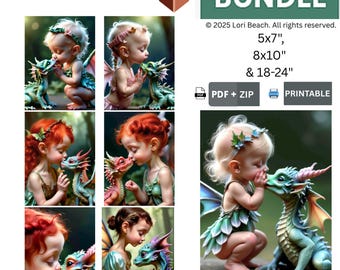May include: A digital download bundle of printable posters featuring a young girl with wings and a green dragon. The posters are available in three sizes: 5x7 inches, 8x10 inches, and 18x24 inches. The image shows three different variations of the poster design.