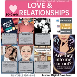 May include: A digital download graphic with the text "LOVE & RELATIONSHIPS" and "80-Cards". The image includes illustrations of relationship cues, such as text response time, zone-out behavior, and inside joke recall. The text "Are they into me or not?" is also included.