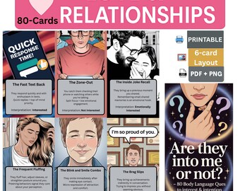 May include: A digital download graphic with the text "LOVE & RELATIONSHIPS" and "80-Cards". The image includes illustrations of relationship cues, such as text response time, zone-out behavior, and inside joke recall. The text "Are they into me or not?" is also included.