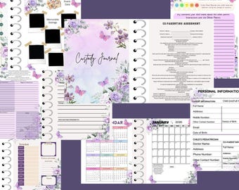 May include: A purple and white floral patterned journal with a spiral binding. The cover features the text "Custody Journal" and butterflies. The journal includes pages for scheduling, personal information, and co-parenting agreements.
