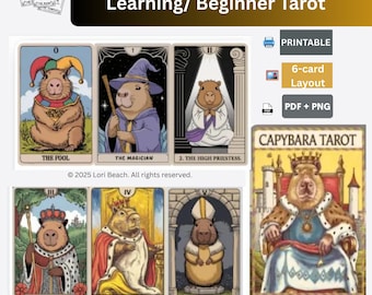 Könnte beinhalten: Ein druckbares Tarot-Deck mit Capybaras in verschiedenen Posen, mit dem Text "Capybara Tarot" und "78-card deck". Die Karten sind mit bunten Hintergründen und dem Text "The Fool", "The Magician", "The High Priestess", "The Empress", "The Emperor" und "The Hierophant" illustriert.