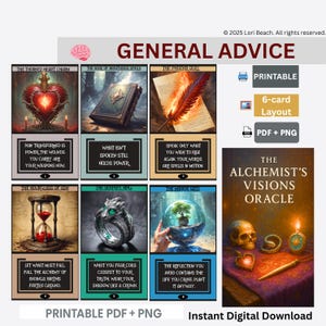 May include: A digital download of "The Alchemist's Visions Oracle" featuring illustrated cards with mystical themes. The image includes cards with text, a printable layout option, and the words "General Advice."