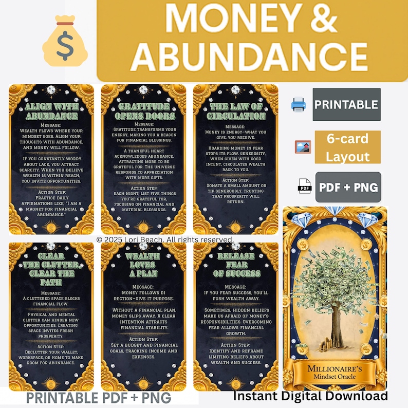 Millionaire's Mindset -Finance and Wealth Building Oracle and Guide- Printable Oracle Deck, Instant Digital Download, Dual sided cards, Pre-aligned Tarot Companion Cards.