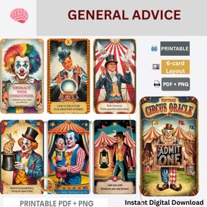 Instant download. 66-card Retro Vintage Circus Themed Oracle Deck. Stunning imagery and inspirational messages Printable, Tarot oracle cards