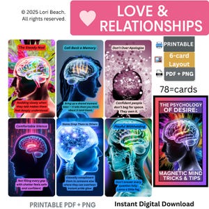 Może przedstawiać: Cyfrowe pobieranie zestawu kart zatytułowanego "Love & Relationships". Karty zawierają ilustracje mózgów z tekstem opisującym wskazówki dotyczące relacji. Zestaw zawiera 78 kart, układ 6 kart i jest dostępny w formatach PDF i PNG.