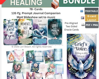 May include: A digital bundle for grief and healing, featuring 78 oracle cards, a 135-page journal, and a slideshow set to music. The bundle includes printable PDF and PNG files, with a focus on themes of loss and emotional support.