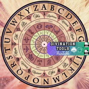 Puede incluir: Una rueda de adivinación imprimible con un tema zodiacal. La rueda está dividida en 12 secciones, cada una representando un signo zodiacal diferente. La rueda también incluye las palabras "Sí", "No", "Tal vez", "Reformular" y "Improbable".