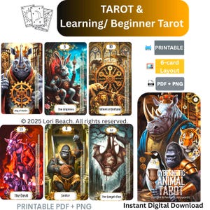 Tarot Cards, Instant download. 78-card Steampunk Cybernetic Animal Tarot. Stunning imagery, Keyword meanings, Printable, Tarot oracle cards