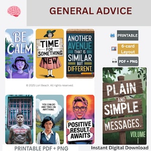 Op de afbeelding: Zes printbare kaarten met motiverende boodschappen. De kaarten tonen illustraties van mensen die borden vasthouden met zinnen als "Blijf kalm", "Tijd voor iets nieuws", "Een andere weg die vergelijkbaar is, maar anders", "Je kunt alles doen en aannemen", "Positief resultaat wacht" en "Eenvoudige en duidelijke boodschappen".