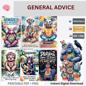 60 card oracle deck- instant digital download, Printable card deck, tarot companion deck, Animal hippies Oracle cards Dual sided pre-aligned