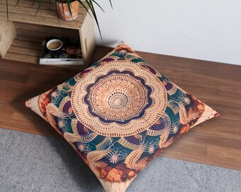 Boho Meditation Indian Mandala RelaxationTufted Floor Pillow, Square2 Sizes Best Gift for Husewarming, Birthday  Christmas Present