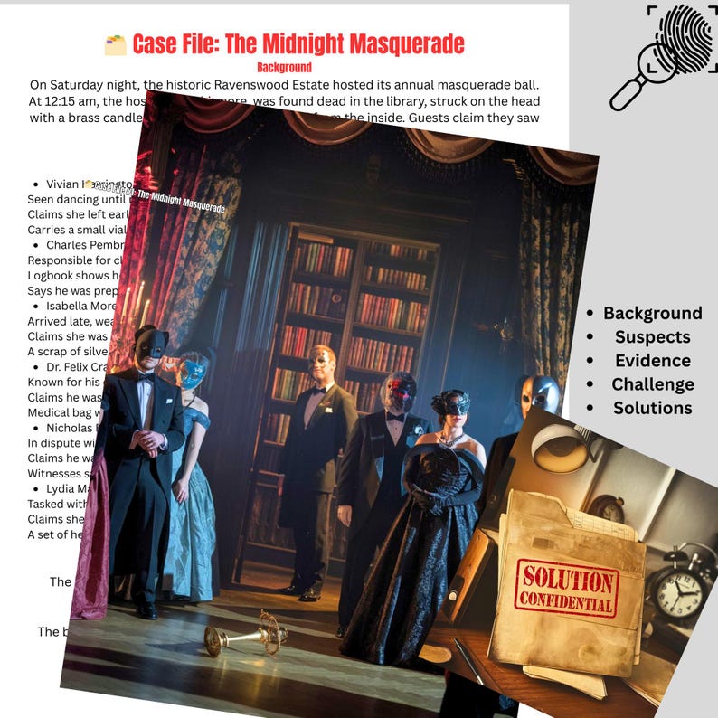 Step into the shoes of a detective with the Classic Whodunit Pack, a collection of 10 printable one-sheet mystery games. Each case is a complete story with a crime scene, 5–6 suspects, detailed evidence, and red herrings designed to keep you guessing until the very end.

Perfect for solo sleuths who love logic puzzles or for group play on game nights, parties, or family gatherings. Players must analyze alibis, study clues, and debate who they think is guilty before flipping to the solution key.