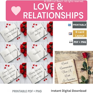 Oracle Deck Printable Instant Download Relationship Love Separation heart, Tarot Deck Companion 99 Card Deck Print at home, Oracle Cards