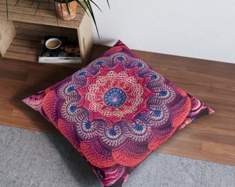 Boho Meditation Indian Mandala RelaxationTufted Floor Pillow, Square2 Sizes Best Gift for Husewarming, Birthday  Christmas Present