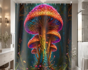 Mushroom Core Shower Curtain Rainbow Fractal Trippy Bathroom Decor Gift for Mushroom Lover, Unique Bathroom Christmas or Birthday Gift.