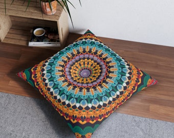 Boho Meditation Indian Mandala RelaxationTufted Floor Pillow, Square2 Sizes Best Gift for Husewarming, Birthday  Christmas Present