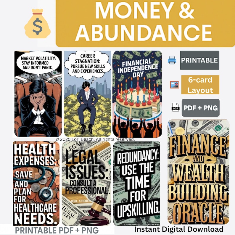 Finance and Wealth Building Oracle and Guide- Printable Oracle Deck, Instant Digital Download, Dual sided cards, Pre-aligned Tarot Companion Cards.