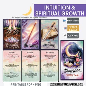 Könnte beinhalten: Digitaler Download eines Baby Witch Starter Decks, mit Karten mit den Titeln Grounding, The Wand und The Athame. Das Bild enthält einen Halbmond, einen Kessel und den Text "Intuition & Spiritual Growth."