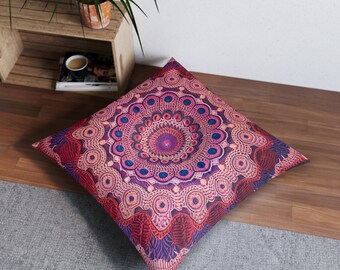 Boho Meditation Indian Mandala RelaxationTufted Floor Pillow, Square2 Sizes Best Gift for Husewarming, Birthday  Christmas Present