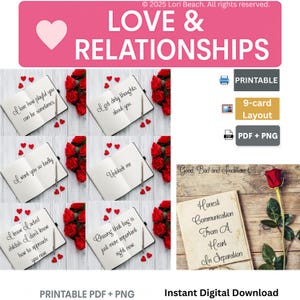 Oracle Deck Printable Instant Download Relationship Love Separation heart, Tarot Deck Companion 99 Card Deck Print at home, Oracle Cards