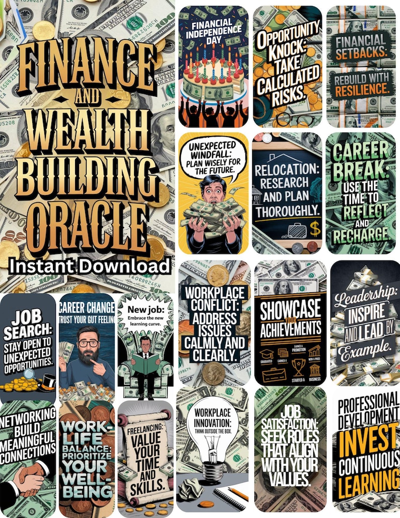 Finance and Wealth Building Oracle and Guide- Printable Oracle Deck, Instant Digital Download, Dual sided cards, Pre-aligned Tarot Companion Cards.