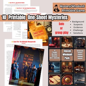 May include: A promotional image for a printable mystery game. The image features a stack of mystery case files, a vintage clock, and a folder labeled "Solution Confidential." The game is advertised as having 10 printable one-sheet mysteries, playable solo or in groups.