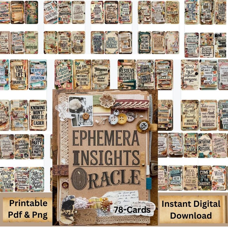 Tarot Companion 78 card Digital Ephemera Oracle, Junk Journal Deck, Oracle Card Set, Vintage Oracle, Printable Oracle, Digital Oracle, png and pdf file formats, pre-aligned to print both sides effortlessly. 6 cards per sheet.13 sheets one cover sheet
